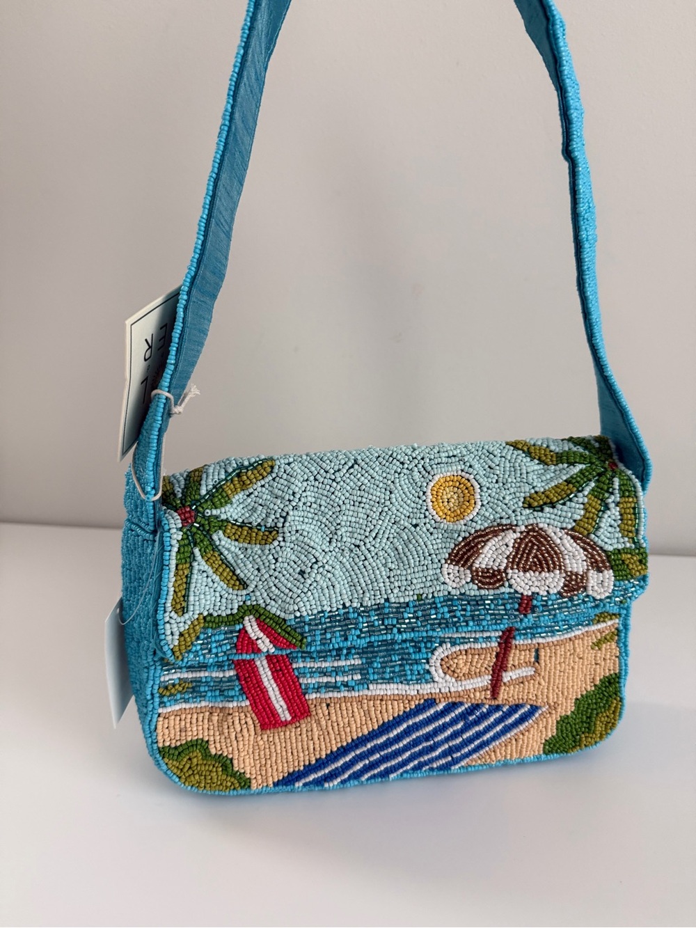 Beaded Beach Scene Shoulder Bag - Turquoise
